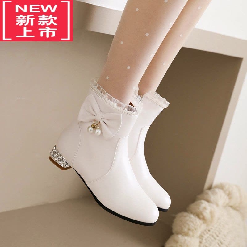 可莉允女童靴子短靴2022秋冬加绒小女孩白色高跟鞋子公主皮靴儿童马丁靴图片