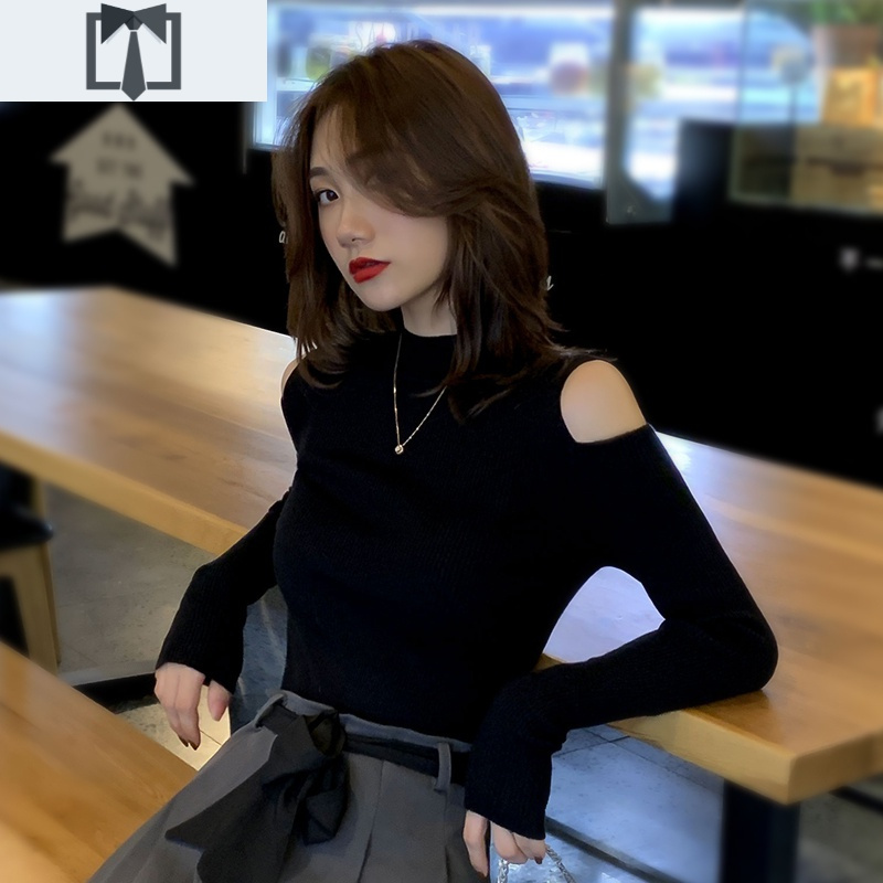 SUNTEK开肩上衣女半高领打底衫紧身显瘦韩版露肩针织衫长袖女毛衣春秋潮毛衣