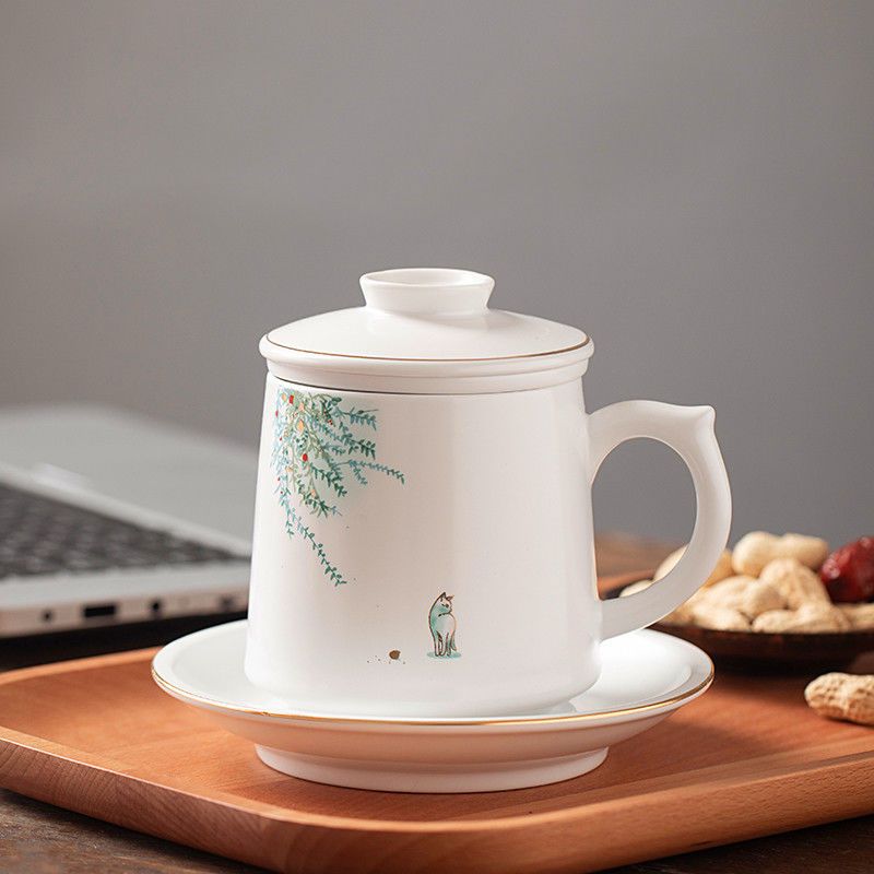 苏宁放心购999纯银茶杯带盖过滤办公杯鎏银杯子陶瓷茶水分离喝茶水杯