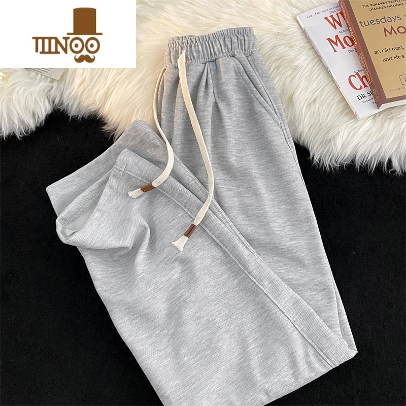 YANXU夏季松紧腰休闲裤男款ins潮牌纯色简约宽松百搭垂感直筒运动长i高清大图