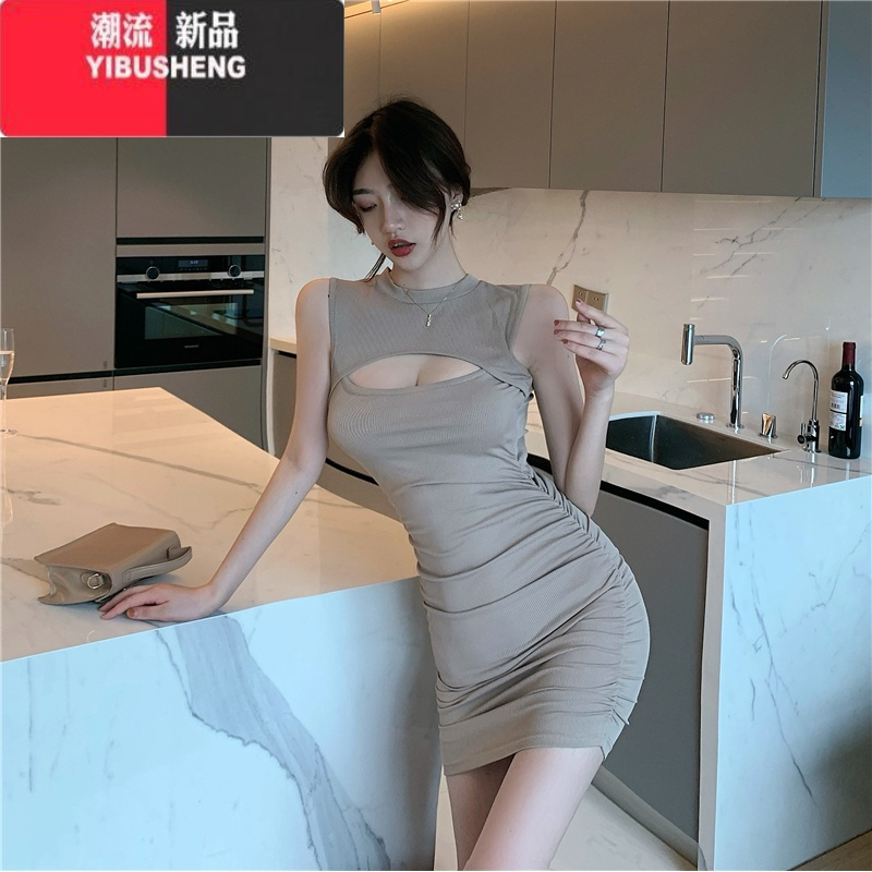 YIBUSHENG纯欲风辣妹显胸性感圆领无袖纯色包臀打底短裙子紧身吊带连衣裙女