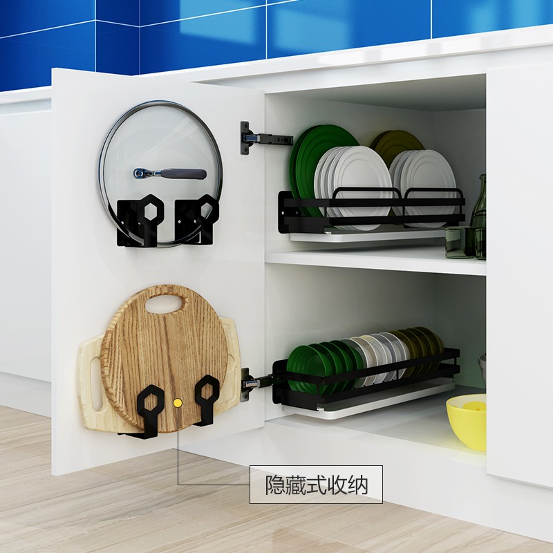 免打孔厨房置物架壁挂墙上黑色刀架锅盖架调料架碗碟架筷笼收纳架收纳层架 三维工匠高清大图