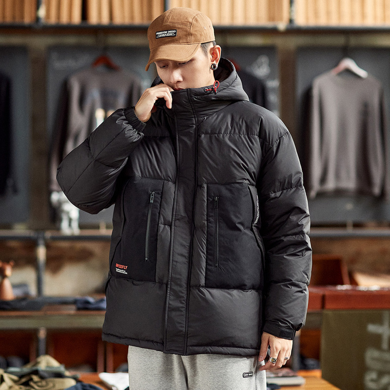 2折价2282元唐狮冬季新款连帽羽绒服口袋拼接短款羽绒服男潮牌秋冬