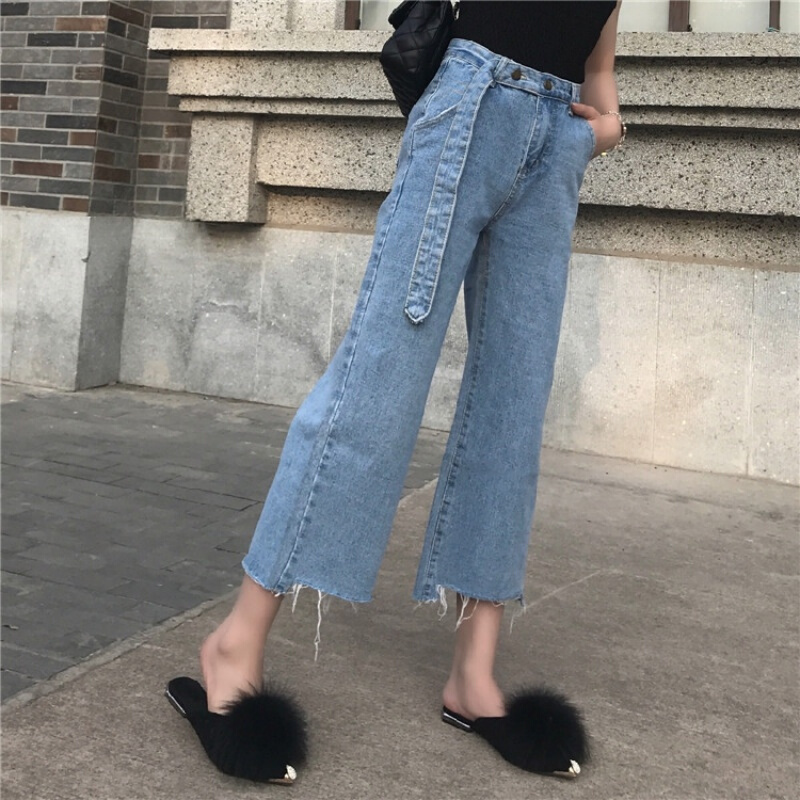 港味复古宽松高腰显瘦阔腿裤9分牛仔裤女夏装蓝色