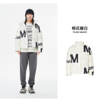 美特斯邦威情侣立领羽绒服女装撞色大字母短款保暖羽绒外套_411 XL高170-175重135-160斤 棉花糖白