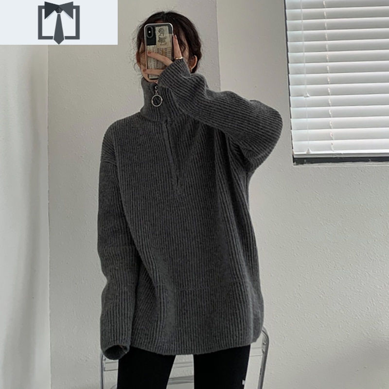 suntek灰色高领拉链毛衣女冬加厚粗毛线宽松复古日系慵懒中长款立领