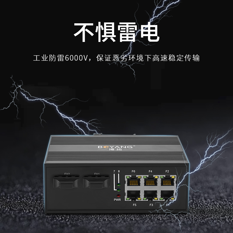 博扬(BOYANG)BY-GF206S工业级光纤收发器 百兆二光六电单模双纤以太网交换机 SC/FC接口 25公里含电源
