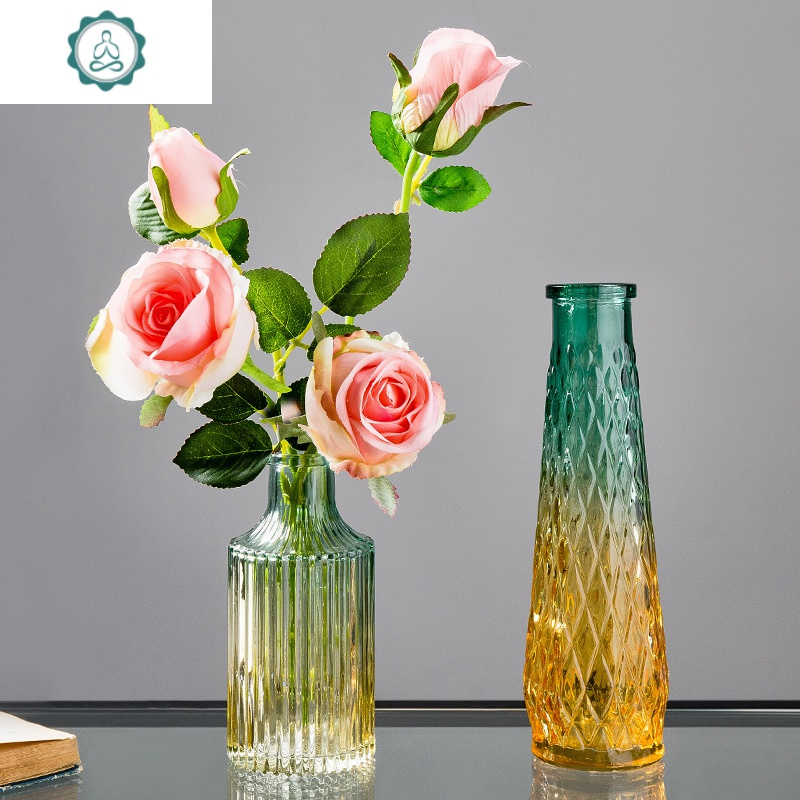 欧式复古文艺彩色透明玻璃插花花瓶小口径客厅干花一枝花餐桌摆件封后