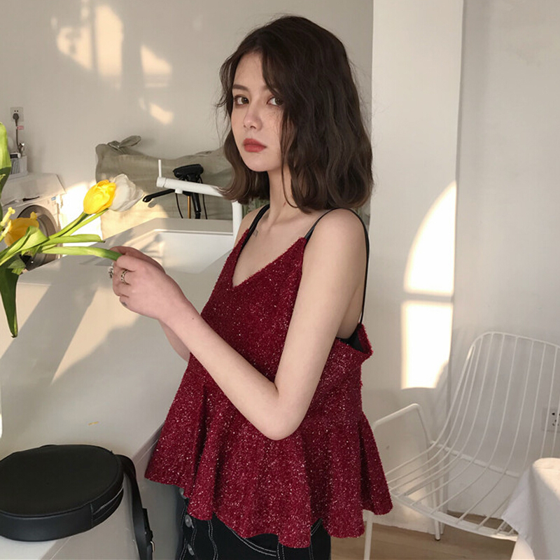 春夏女装韩版百搭V领娃娃衫荷叶边带衫短款外穿打底衫上衣背心红色均码