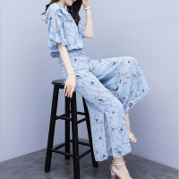 忆香妃(YI XIANG FEI）套装女2019新款女装夏季两件套裤雪纺碎花上衣阔腿裤休闲时尚套装