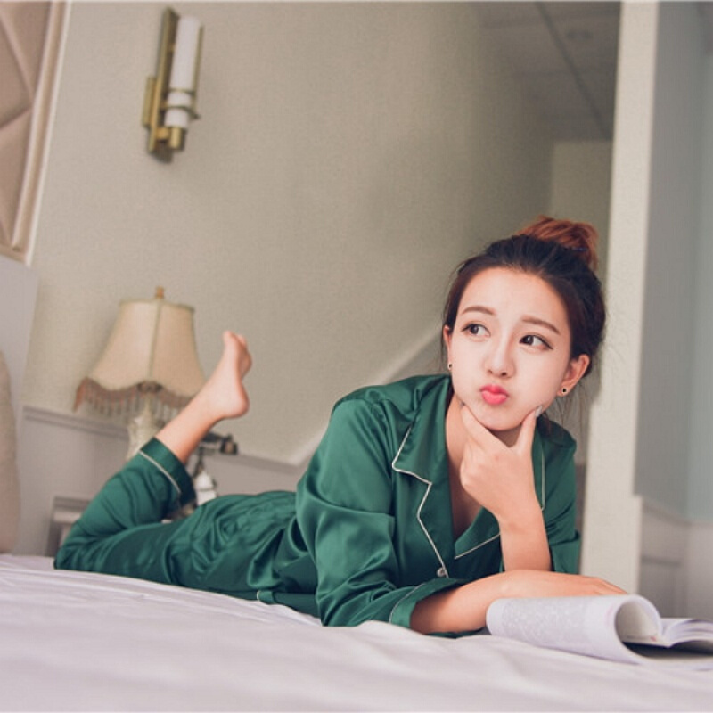 甜美约气质春秋绿色翻领长袖睡衣女长裤家居服丝绸睡衣两件套装