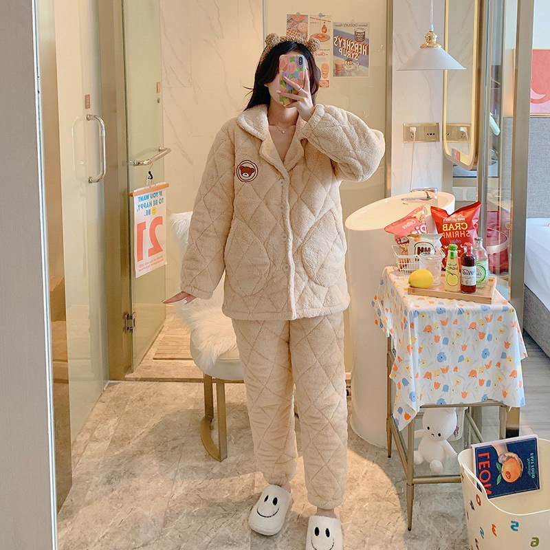 权小威 睡衣女秋冬季三层加厚夹棉加绒保暖可外穿家居服休闲冬天棉衣套装