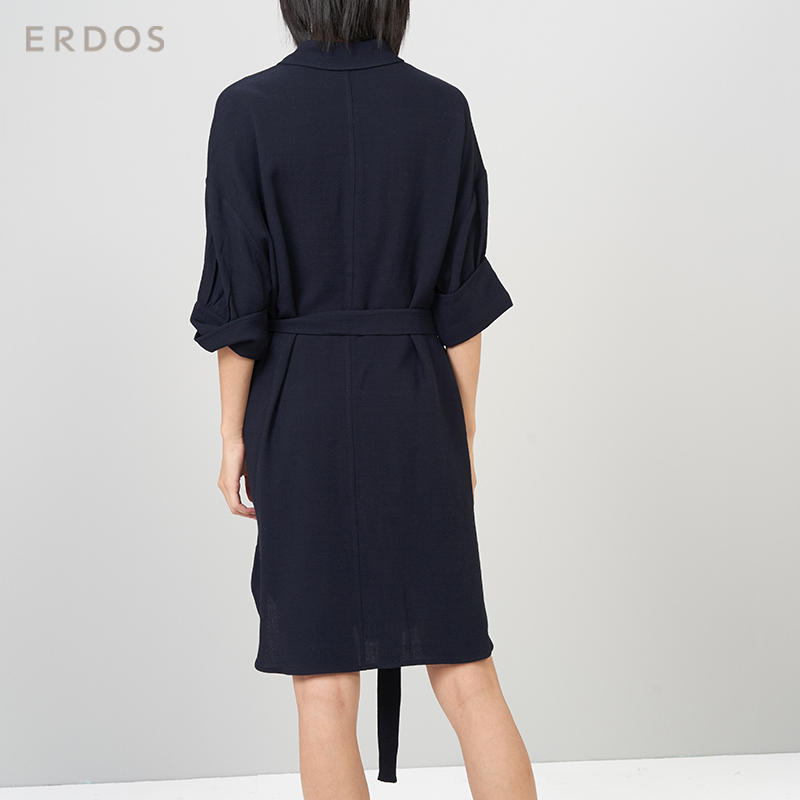 鄂尔多斯ERDOS 春夏七分袖系扣腰带时尚百搭宽松衬衫裙女士连衣裙