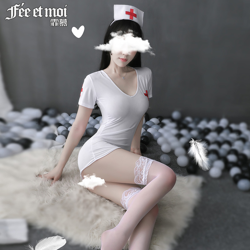 霏慕(Fee et moi)女式情趣睡衣 女士情趣内衣性感护士装低胸露背包臀裙制服套装情趣内衣后背镂空性感套装7986 白【发箍-护士裙-T裤】7986+7210白长筒丝袜 均码