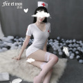 霏慕(Fee et moi)女式情趣睡衣 女士情趣内衣性感护士装低胸露背包臀裙制服套装情趣内衣后背镂空性感套装7986 均码 白【发箍-护士裙-T裤】7986+7210白长筒丝袜