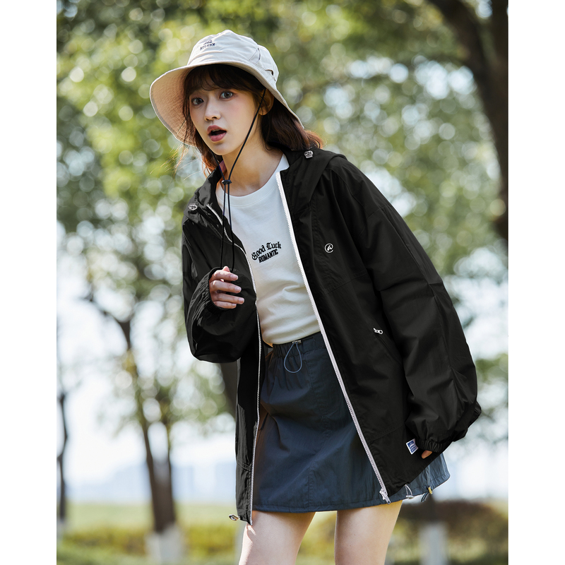 防水唐狮新款2024秋季工装外套女连帽夹克运动冲锋少年上衣_004180 S 黑色