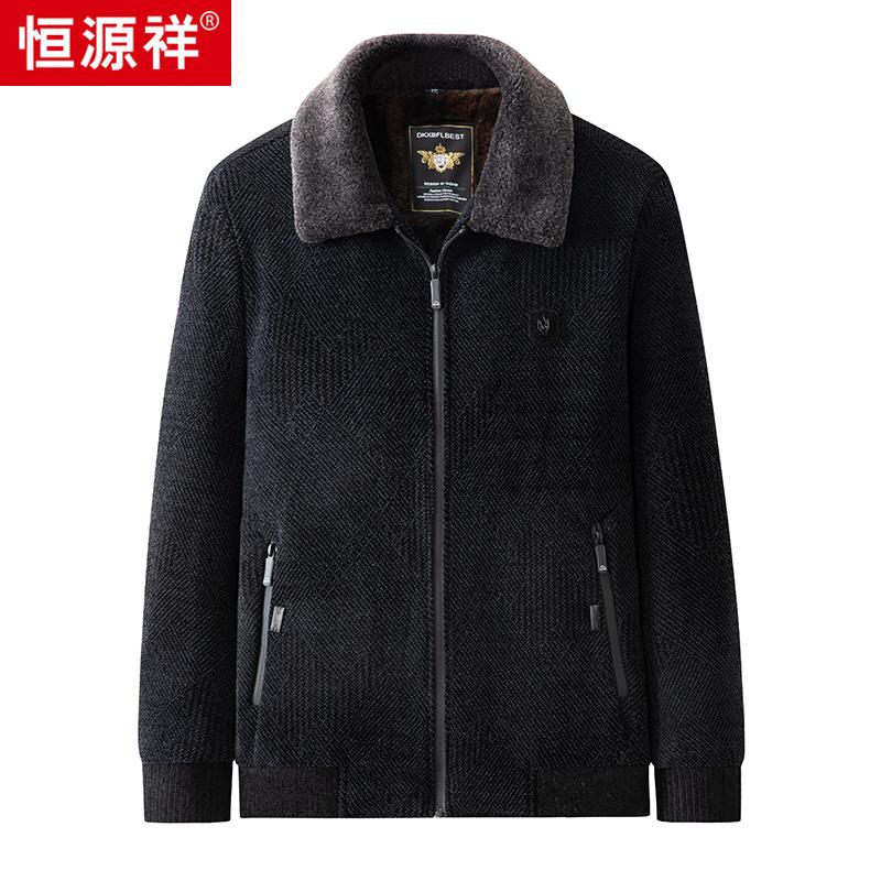 恒源祥中老年男士翻毛领夹克棉衣冬季加绒加厚保暖爸爸装棉服外外高清大图