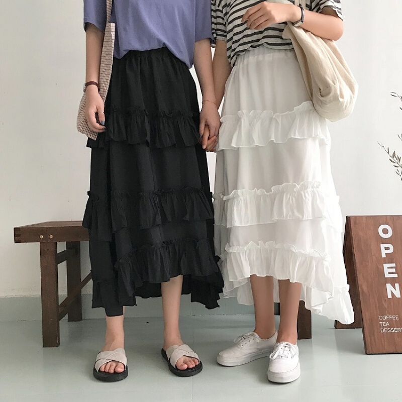 裙子2018夏装新款韩版百搭纯色裙高腰显瘦荷叶边裙半身裙女装白色清新均码