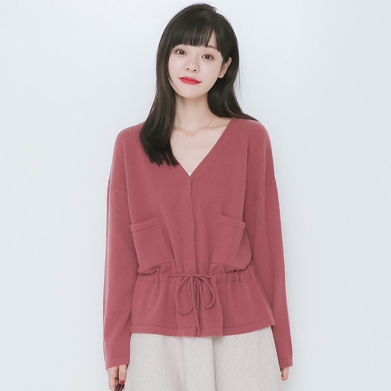 2018秋冬新女羊绒开衫V领宽松抽绳带兜系带羊毛针织毛衣百搭