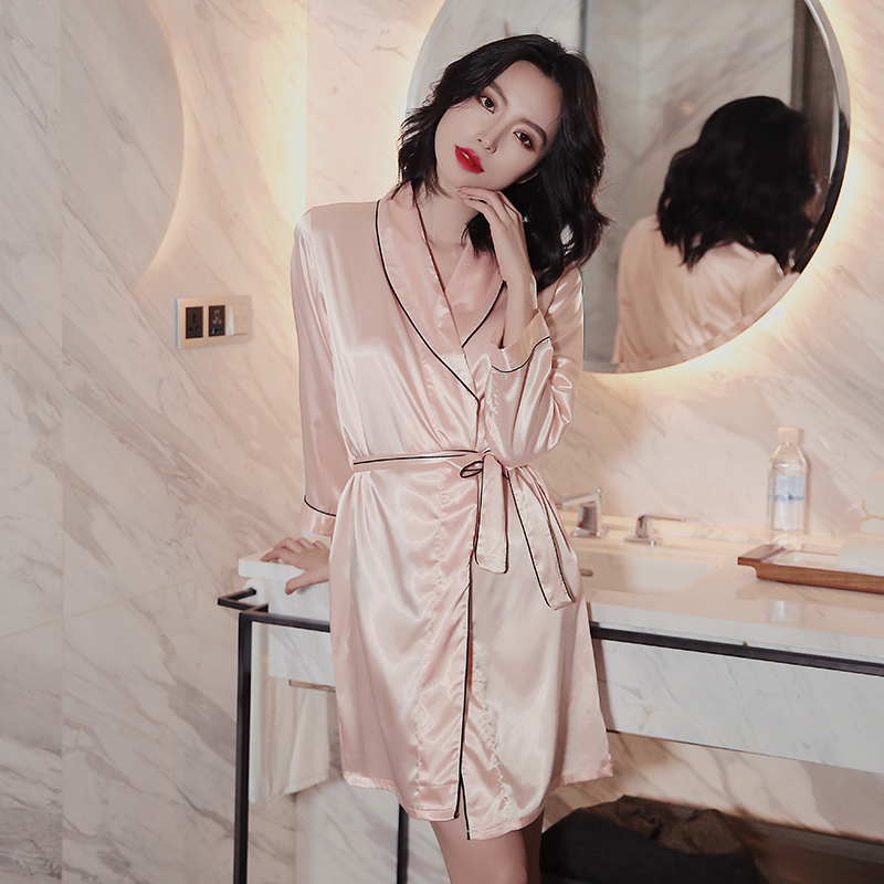 睡裙女冰丝夏季睡袍女性感睡衣衬衫睡裙丝绸家居服春秋新娘晨袍薄