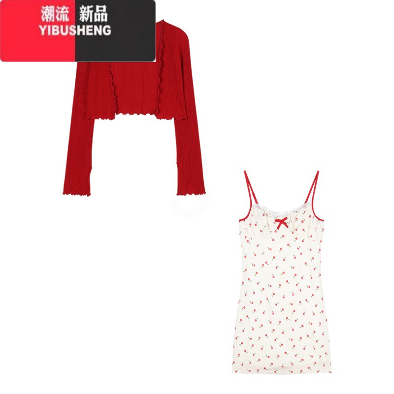 YIBUSHENG甜辣妹碎花吊带连衣裙女季裙子蕾丝花边蝴蝶结收腰性感包臀短裙