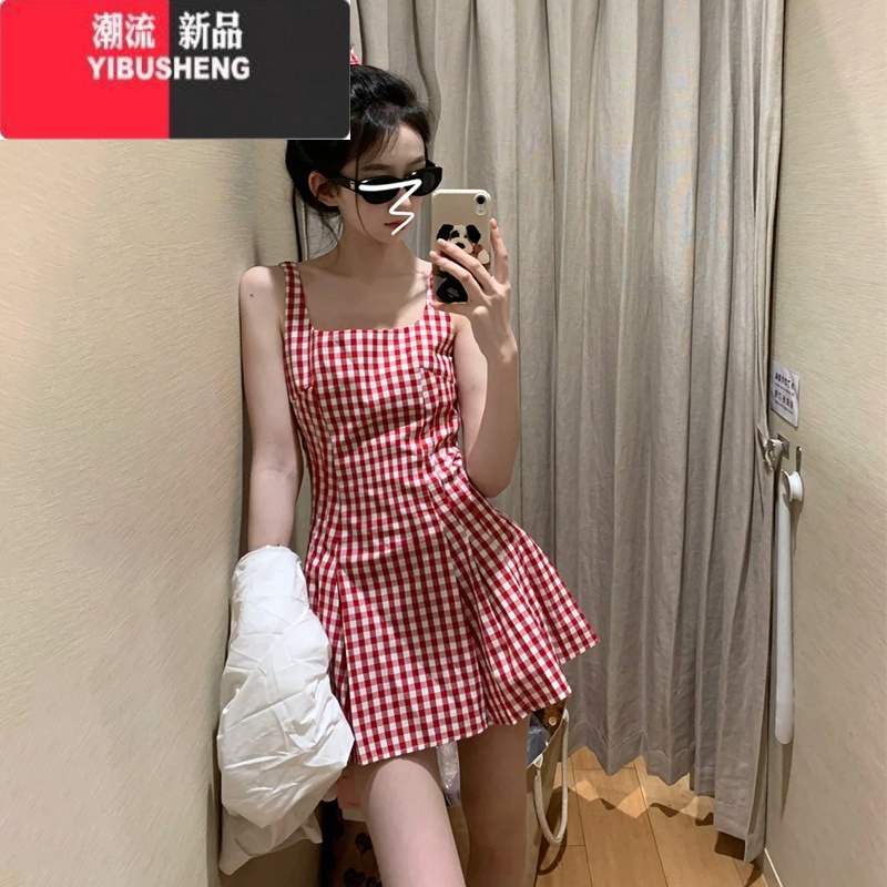 YIBUSHENG红色格子吊带连衣裙子女季2024新款小个子收腰又甜又辣a字新高清大图