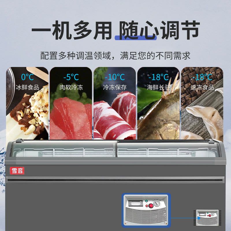 铜管1.6米冷藏保鲜配菜柜 超市商用冰柜大容量展示柜岛柜卧式冷藏冷冻柜玻璃门冰箱雪糕柜图片