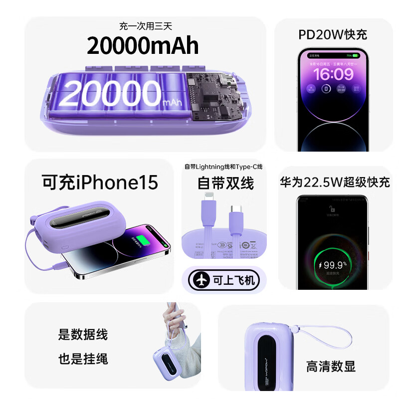 沃品WOPOW 大彩蛋自带22.5W快充+PD20W快充移动电源 SQ37(3C认证可上飞机)高清大图