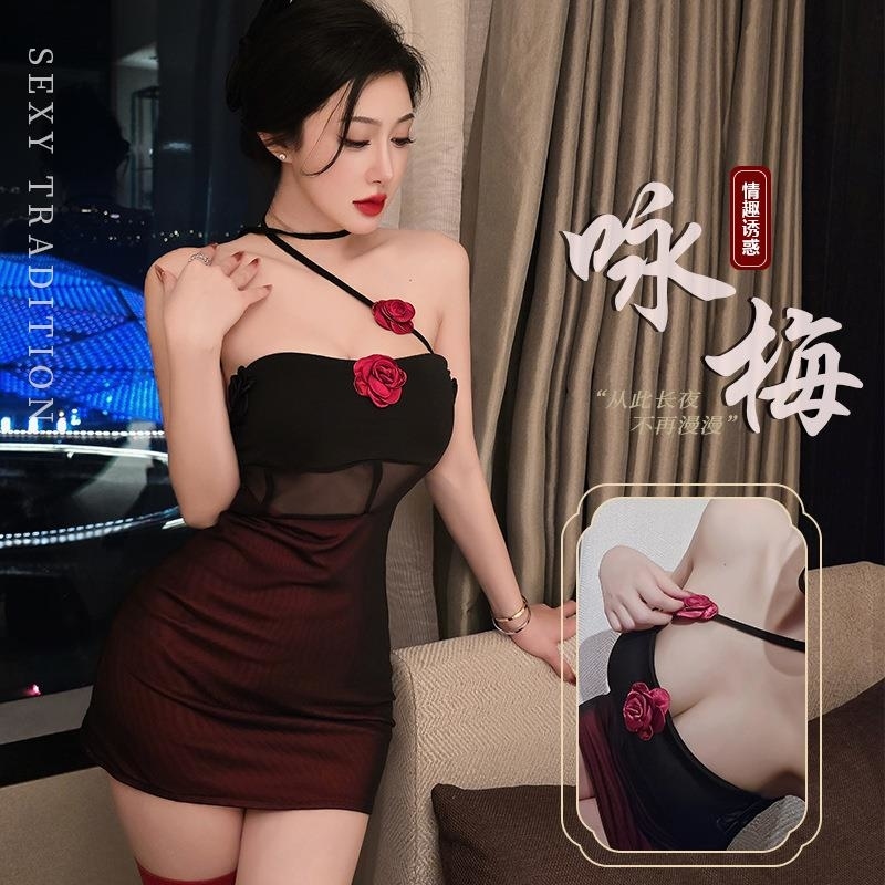 长夜漫漫情趣内衣双层网纱抹胸裙女镂空秘书包臀裙性感辣妹女1954 红色+黑丝袜 均码(80-130斤)