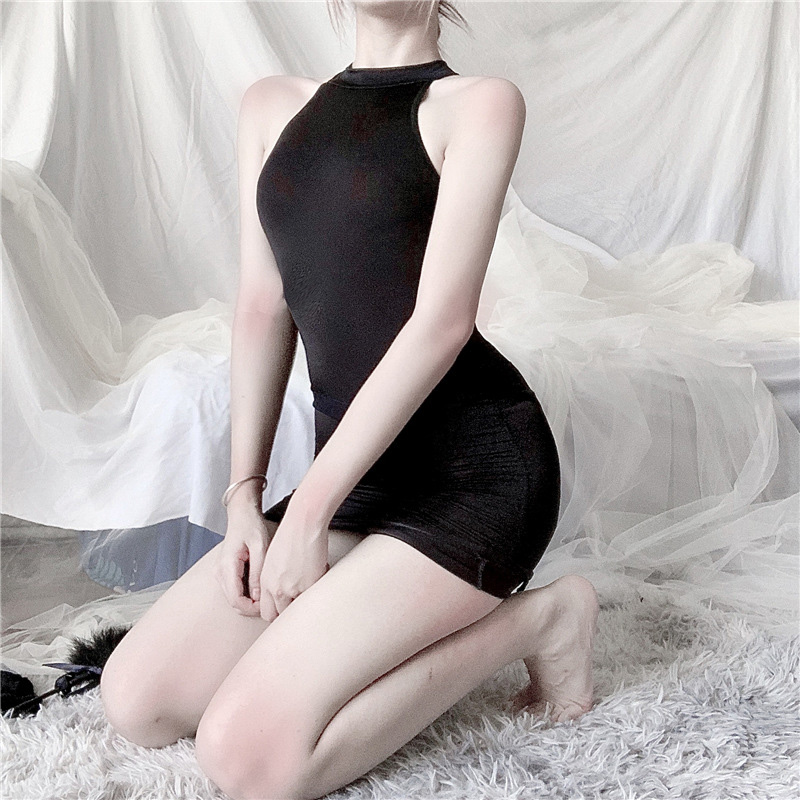 女士情趣内衣连体衣开档免脱破洞紧身透视包臀裙秘书制服职业套装性感透明诱惑三点后入式女式情趣睡衣夫妻长夜漫漫成人美女性用品 黑色开档连体衣+黑色开叉包臀裙 均码S-XL