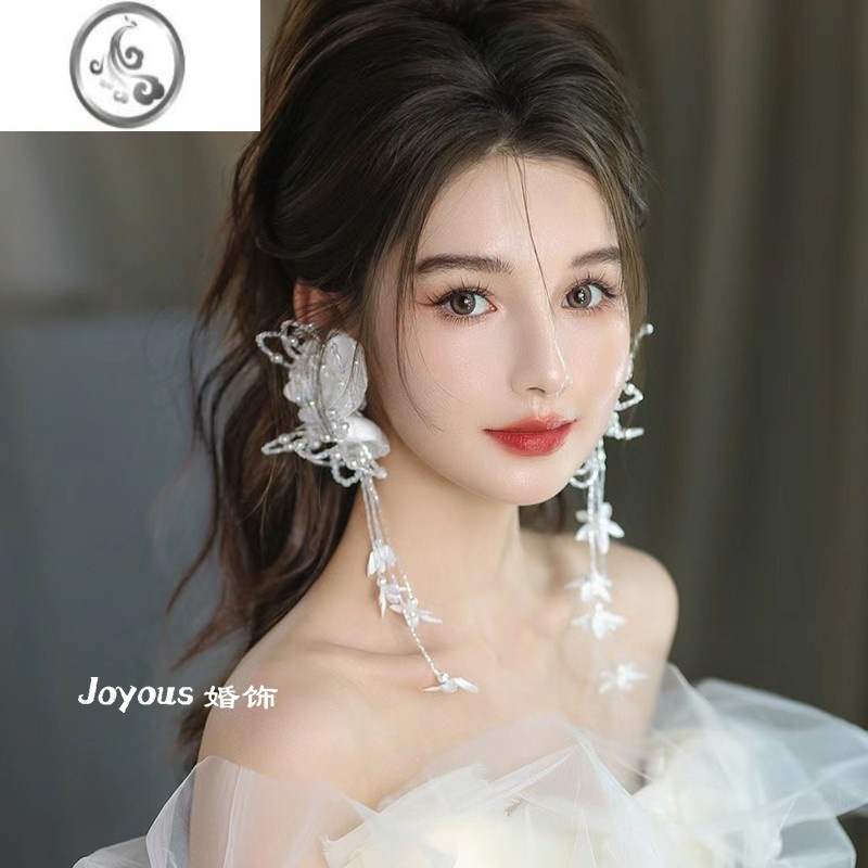 jimi韩式新娘耳环手工串珠流苏花朵耳夹耳饰结婚婚纱写真跟妆造型配饰