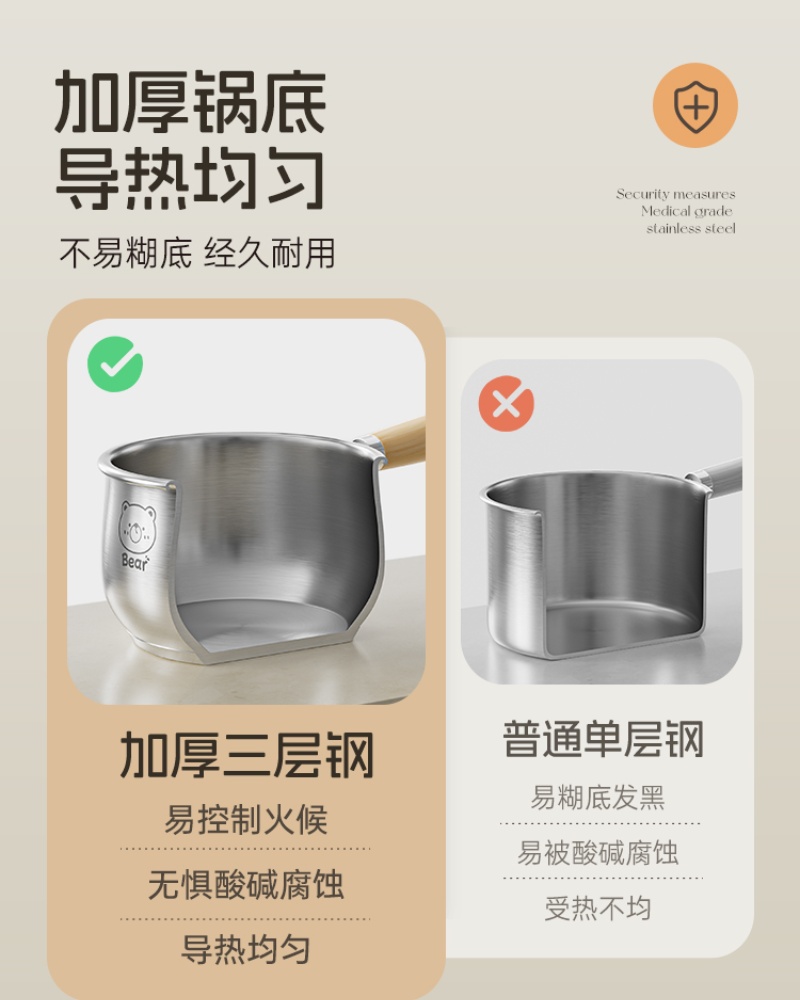 双枪DG20307 316不锈钢奶锅宝宝辅食锅婴儿煎煮一体一人食小锅18cm带盖单位:个高清大图