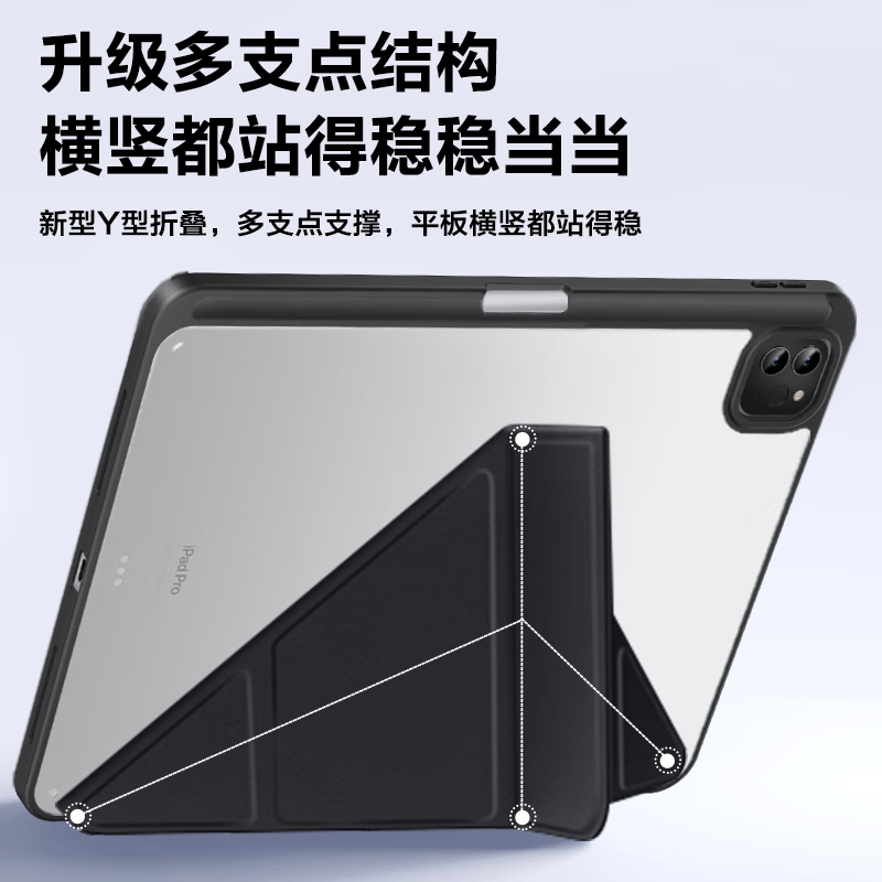 品胜适用iPadPro/新款Air6保护壳13/12.9英寸通用带笔槽苹果平板保护套半透三折支架防摔智能休眠 黑色高清大图