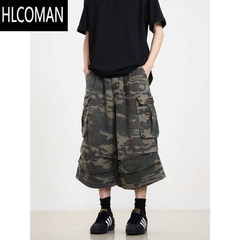 HLCOMAN夏季美式口袋阔腿迷彩工装短裤男女新款潮牌宽松休闲七分裤牛仔裤