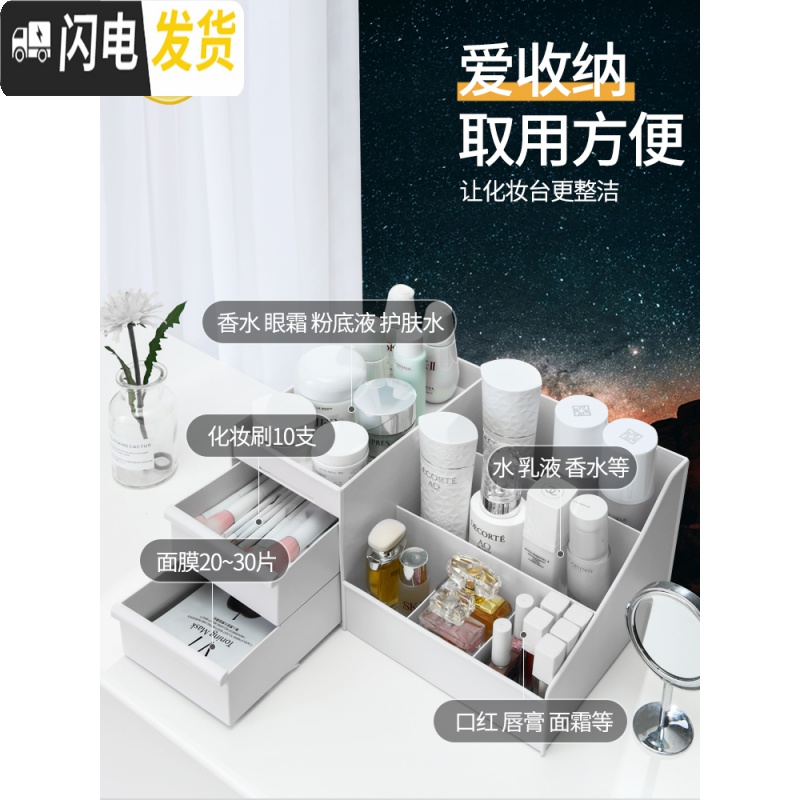 三维工匠放化妆品收纳盒抽屉式大号整理口红刷护肤品宿舍梳妆台桌面置物架高清大图