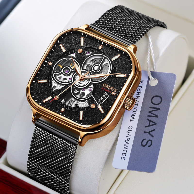 欧美时omays名牌全自动机械表男士手表新款时尚镂空方形表盘手表男