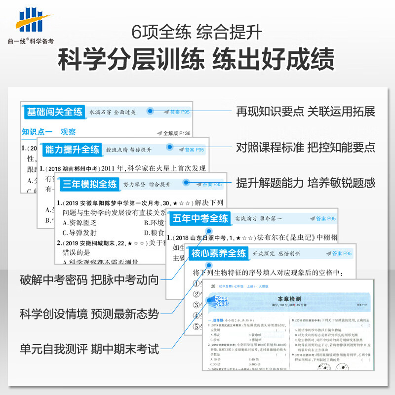 [精选好书 ] 2023五年中考三年模拟七年级上册下册语文数学英语生物地理历史道德与法治初中53初一复习辅导资料真题5年高清大图