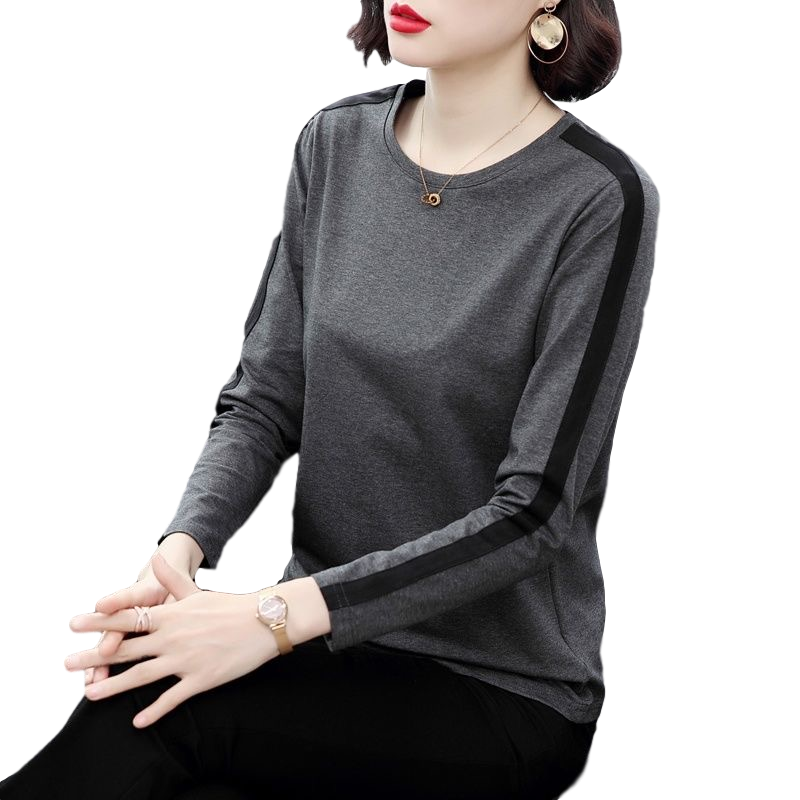 艳如飞中年妈妈装棉长袖t恤女2020秋季新款拼色宽松显瘦色上衣秋衣T恤