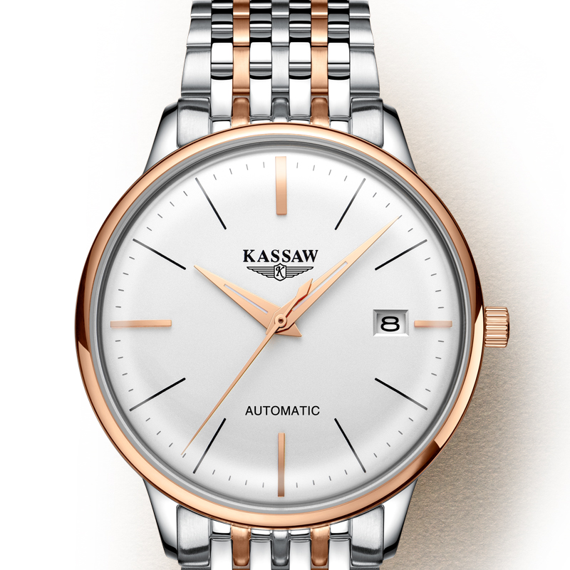卡梭(KASSAW)手表自动机械表时尚装饰超薄商务简约日历防水学生休闲男表K866G 玫金白面钢带
