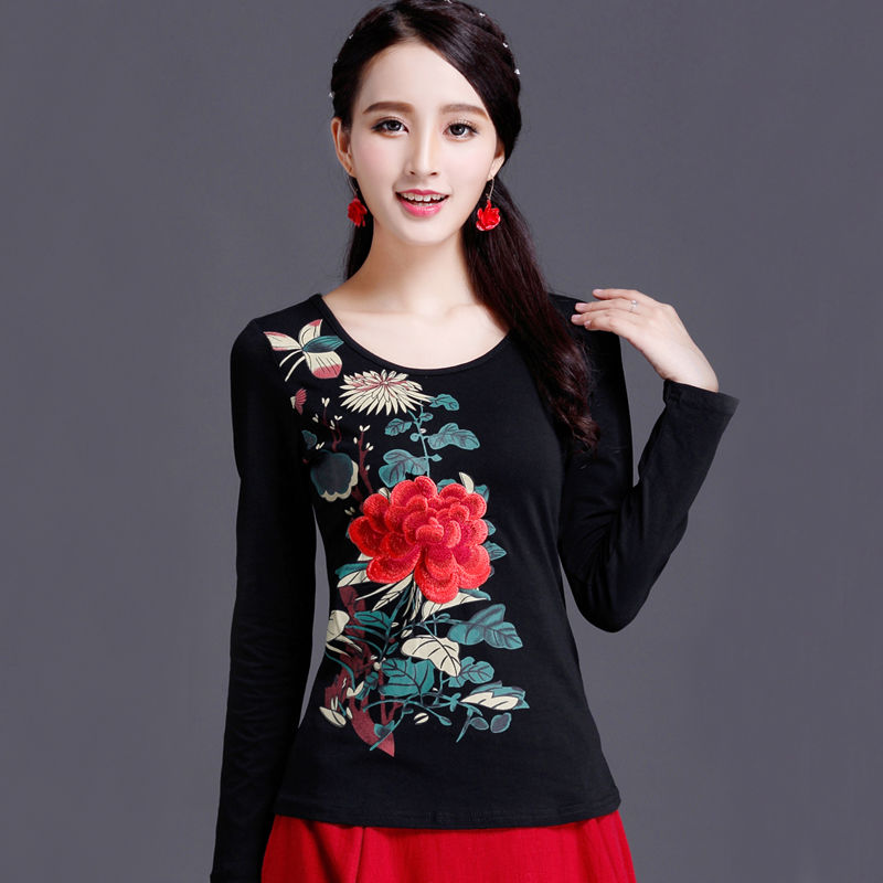 95棉民族风女装上衣 刺绣长袖t恤女中国风绣花大码修身弹力打底衫