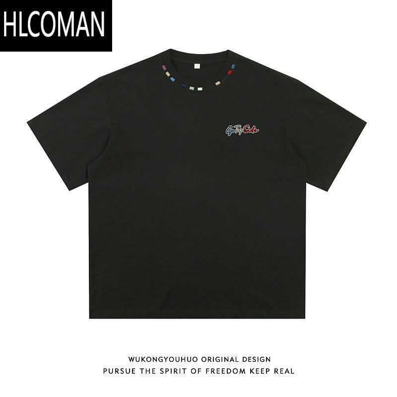 HLCOMAN美式潮牌刺绣设计感短袖T恤男夏季复古宽松情侣体恤图片