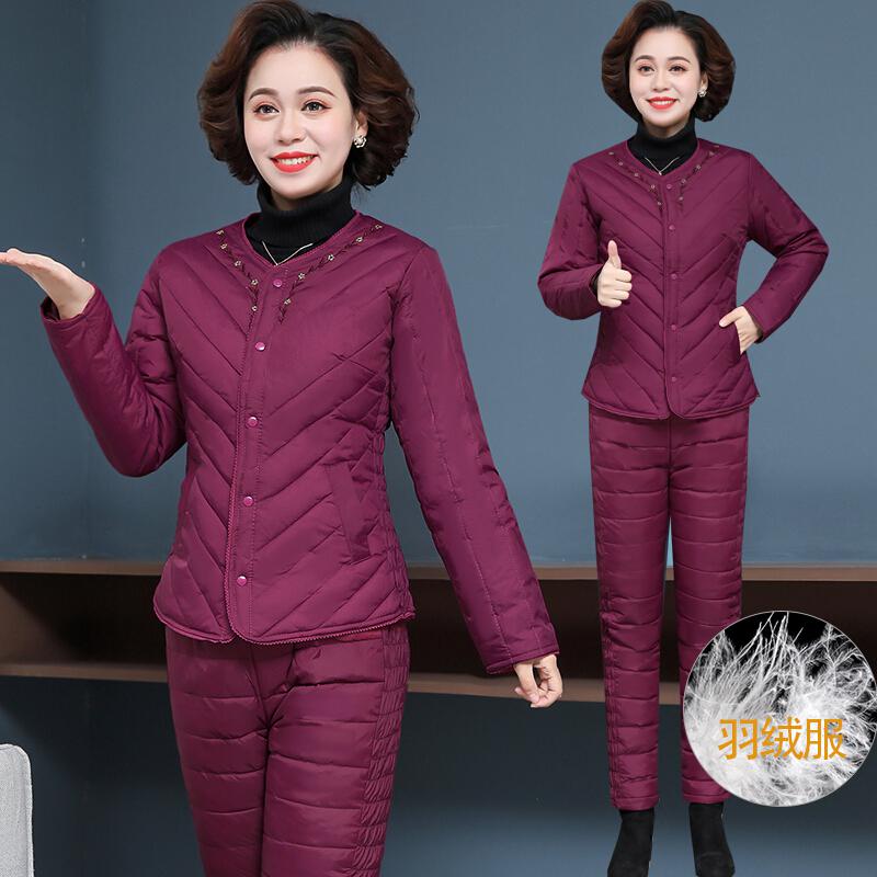 迪鲁奥(DILUAO)[特价]捡漏轻薄涤纶服冬季中老年短款涤纶裤内胆白鸭绒套装女大码外套妈妈装秋冬必穿高清大图