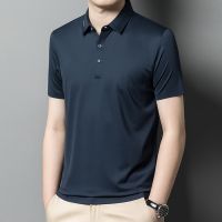 夏季新款冰丝短袖t恤男翻领纯色桑蚕丝半袖无痕polo衫男装体恤衫 180/XL 兰灰