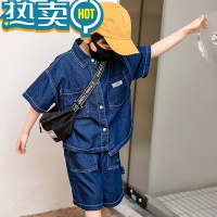 绿彩虹光男童夏季牛仔套装2023新款夏装儿童装宝宝薄款夏款短袖衬衫帅气潮