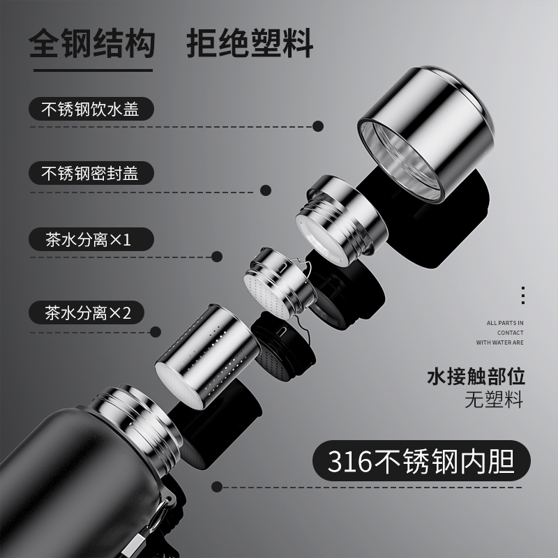 荣事达(Royalstar)全钢保温杯316不锈钢男女茶水分离泡茶杯高效保温600ml大容量黑色水壶水杯RB292205