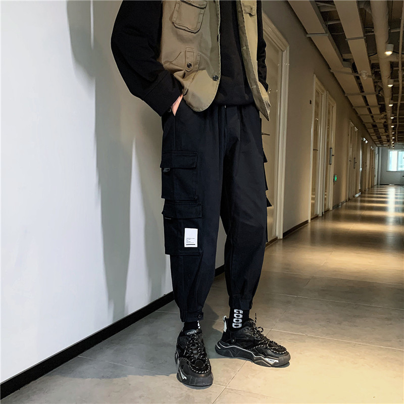 春秋季超火ins工装裤男士直筒束脚潮牌百搭坠感阔腿九分休闲裤子黑色s