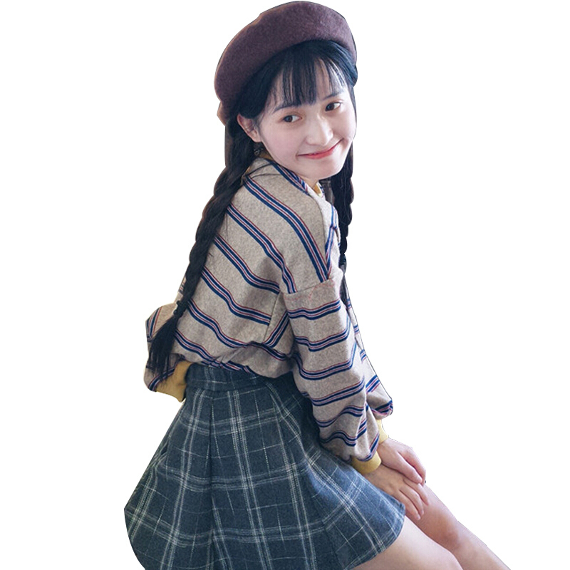学院风少女泡泡袖条纹卫衣半身裙闺蜜套装学生姐妹两件套蓝条纹卫衣+半身裙