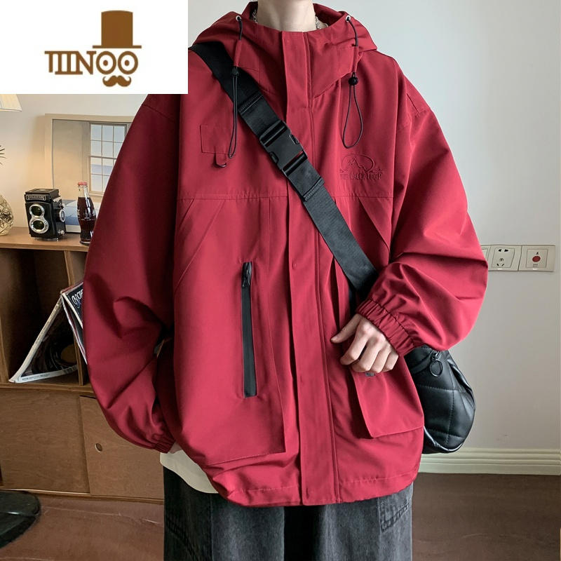 YANXU酒红色冲锋衣古着男款高街美式hiphop外套机能工装夹克感风衣