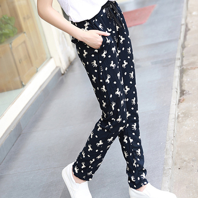 夏季凉人造棉裤子女吸汗纯棉绸防蚊哈伦裤九分薄绵绸休闲宽松大码