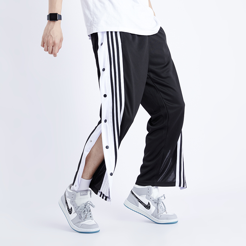 篮球排扣裤高街直筒阔腿扣裤全开运动侧开纽扣裤春秋大码女裤子男